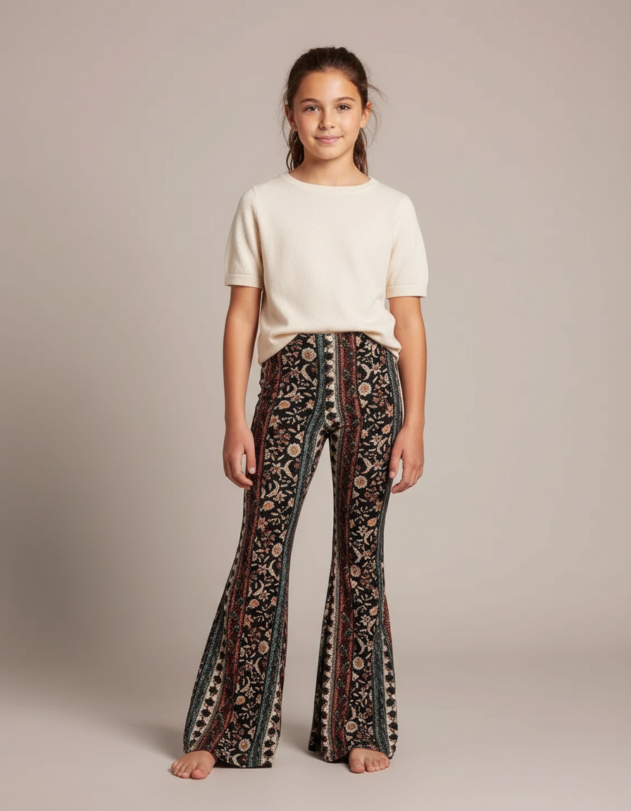 Pantalon Fluide Évasé Imprimé Bohème Floral Multicolore - Maille