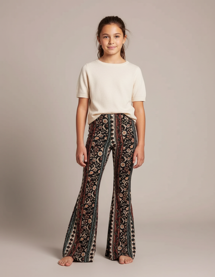Pantalon Fluide Évasé Imprimé Bohème Floral Multicolore - Maille