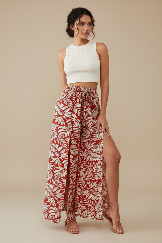 Pantalon Fluide Rouge Floral Ample Fendu Bohème - Viscose