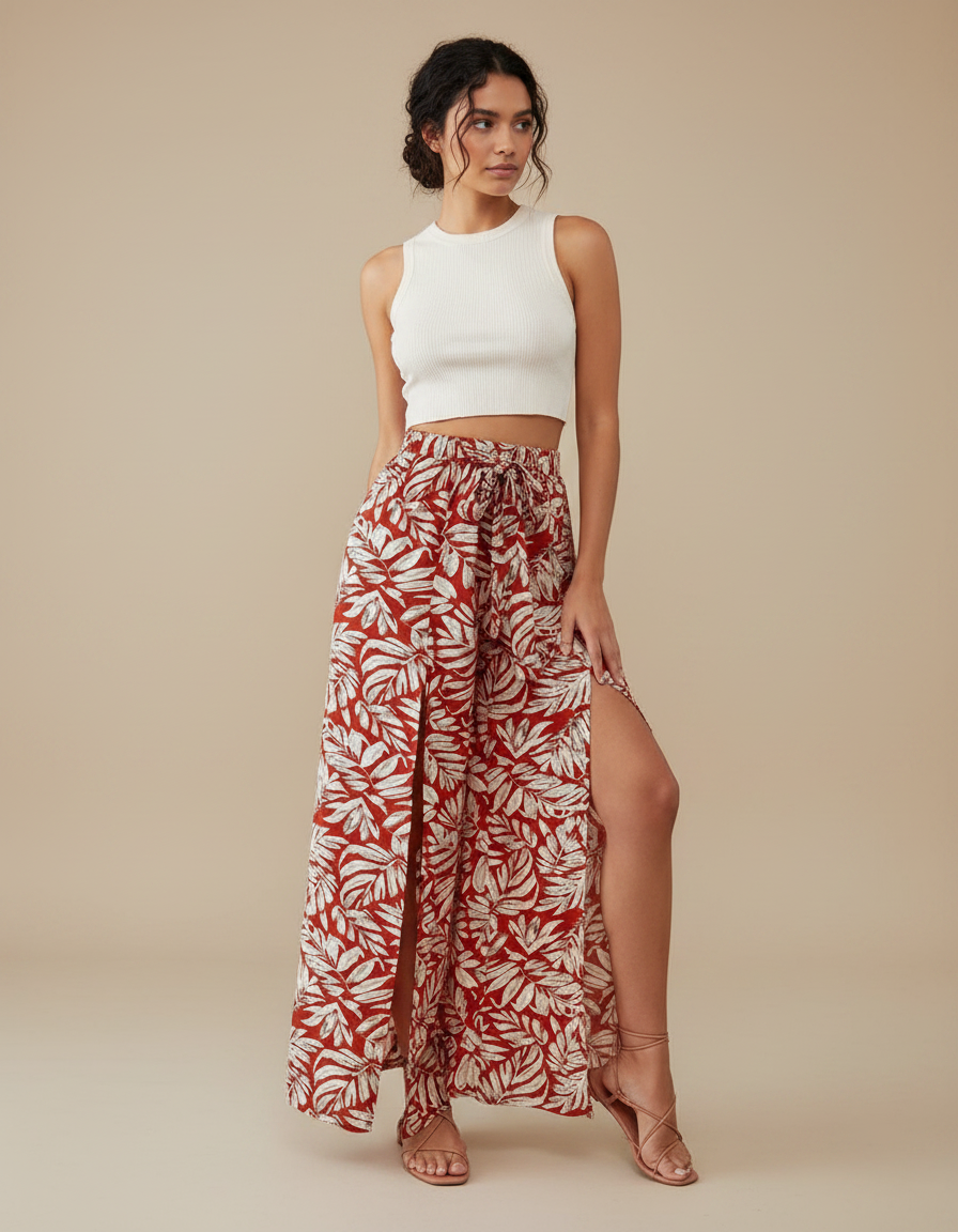 Pantalon Fluide Rouge Floral Ample Fendu Bohème - Viscose