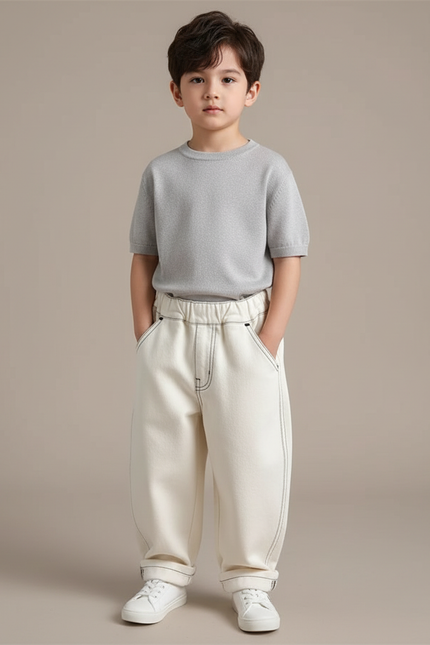 Pantalon Fluide Écru Ample Coton Enfant - Beige