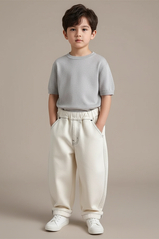 Pantalon Fluide Écru Ample Coton Enfant - Beige