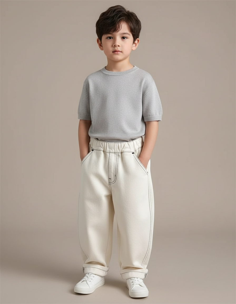 Pantalon Fluide Écru Ample Coton Enfant - Beige