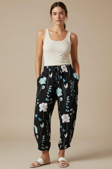 Pantalon Fluide Noir Imprimé Floral Ample Décontracté - Viscose