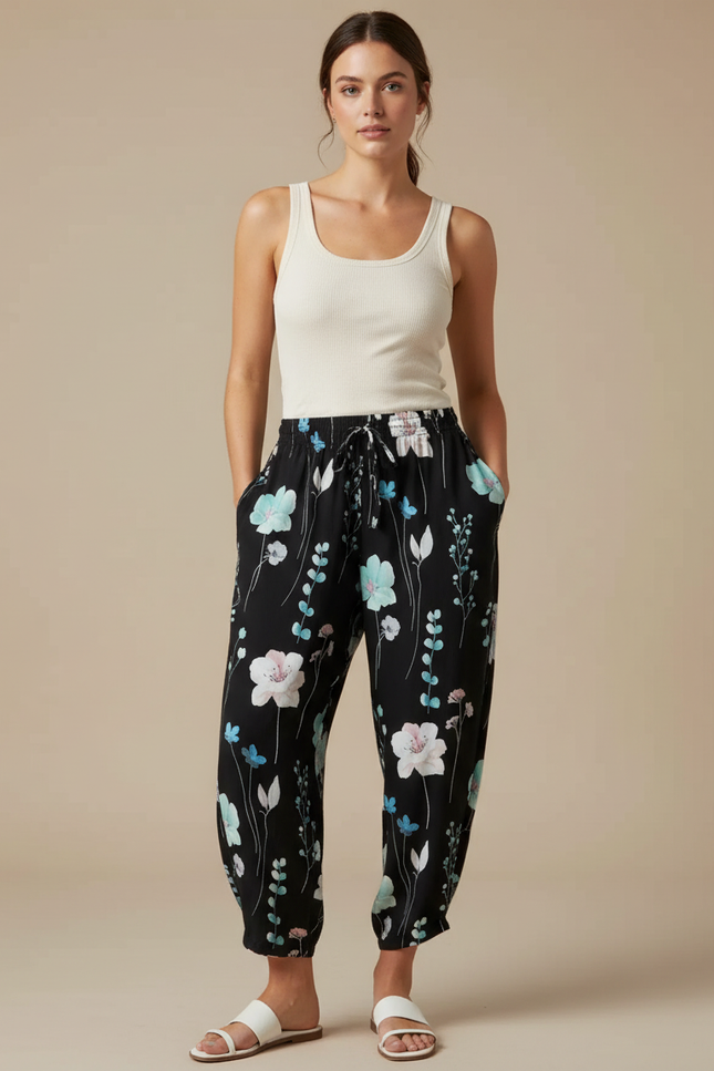 Pantalon Fluide Noir Imprimé Floral Ample Décontracté - Viscose