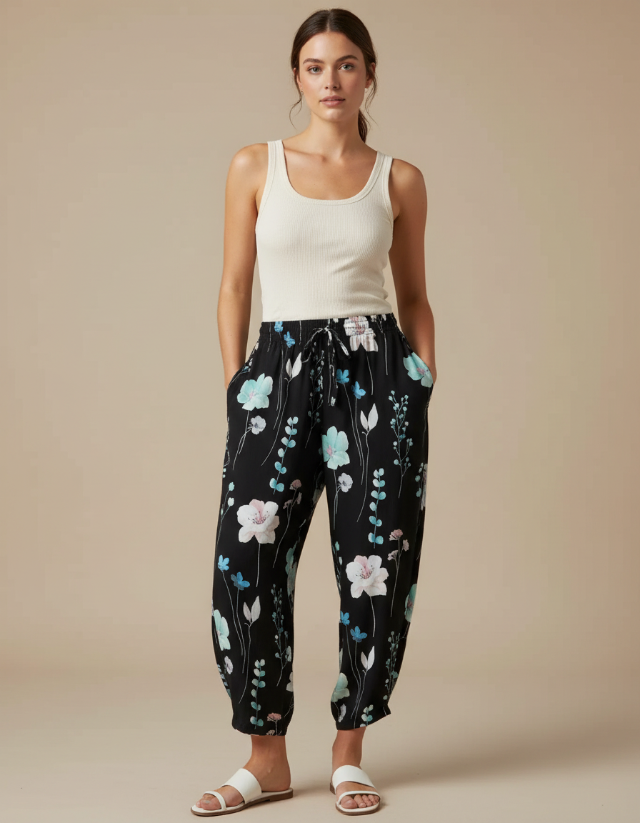 Pantalon Fluide Noir Imprimé Floral Ample Décontracté - Viscose