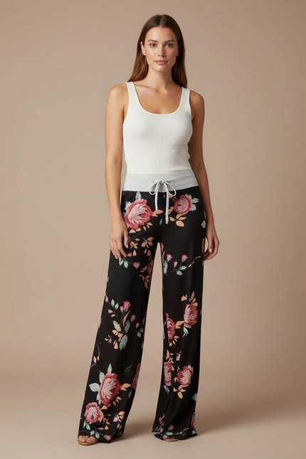 Pantalon Fluide Noir Ample Imprimé Floral Confortable - Viscose