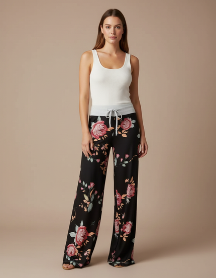 Pantalon Fluide Noir Ample Imprimé Floral Confortable - Viscose
