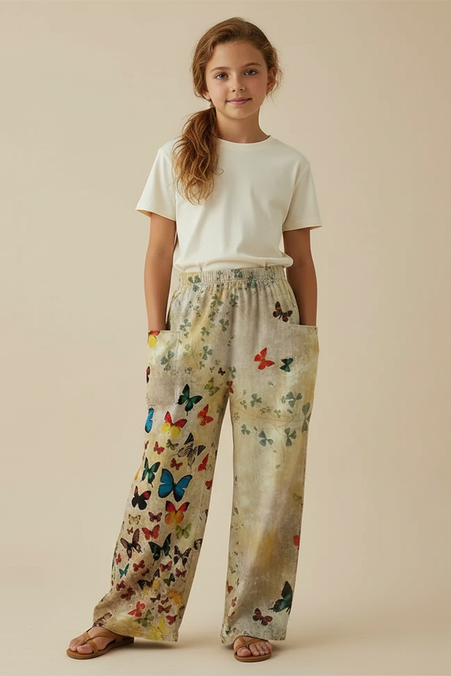 Pantalon Fluide Écru Papillons Ample Confortable Fille - Multicolore Lin