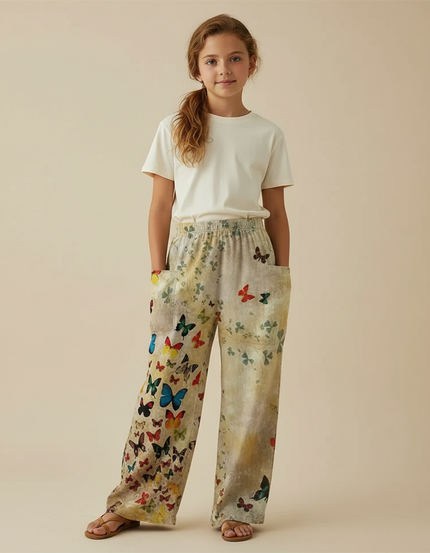 Pantalon Fluide Écru Papillons Ample Confortable Fille - Multicolore Lin
