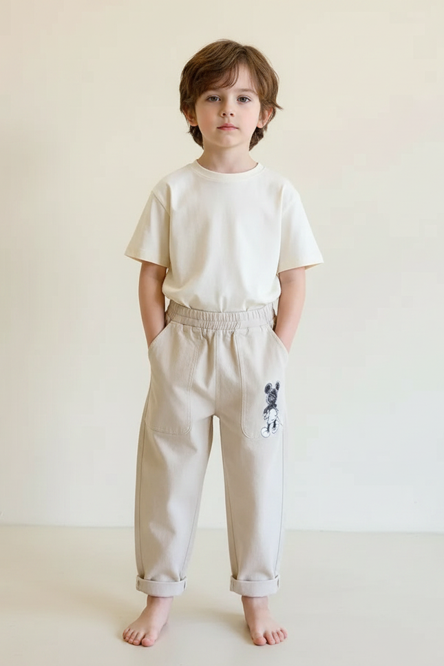 Pantalon Fluide Beige Coton Ample Mickey Enfant