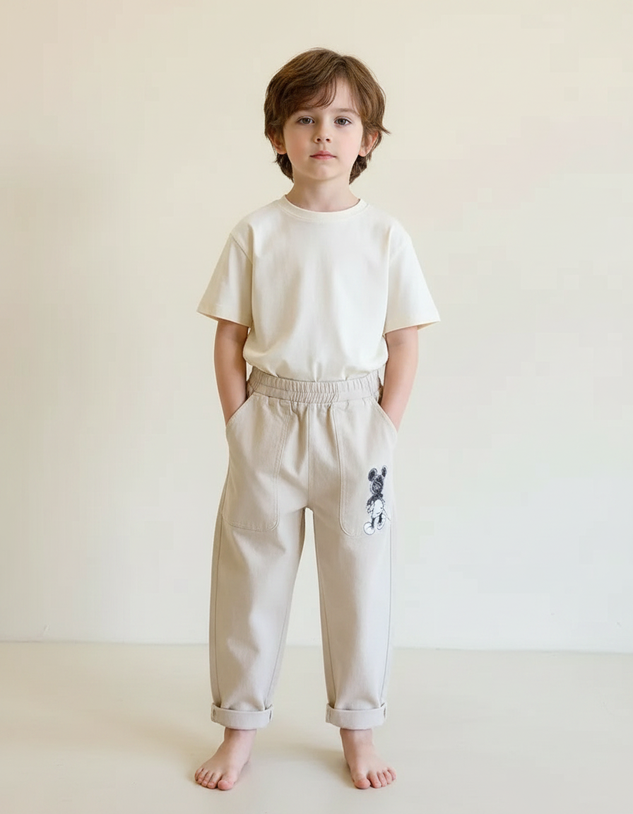 Pantalon Fluide Beige Coton Ample Mickey Enfant