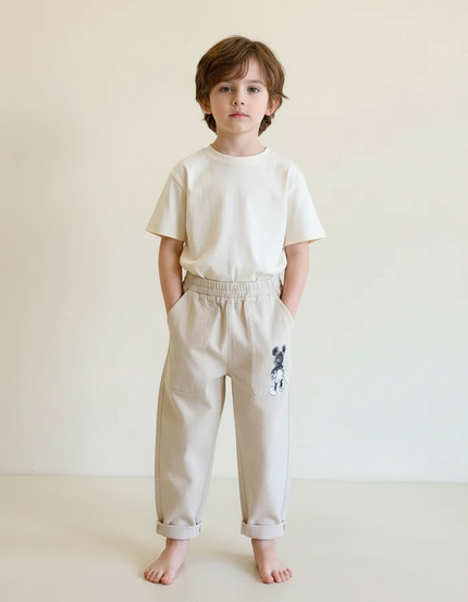 Pantalon Fluide Beige Coton Ample Mickey Enfant
