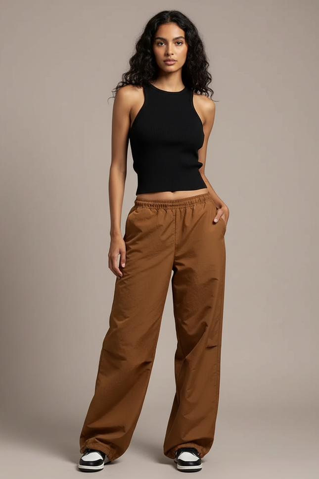 Pantalon Fluide Cargo Marron Ample Taille Basse - Polyester