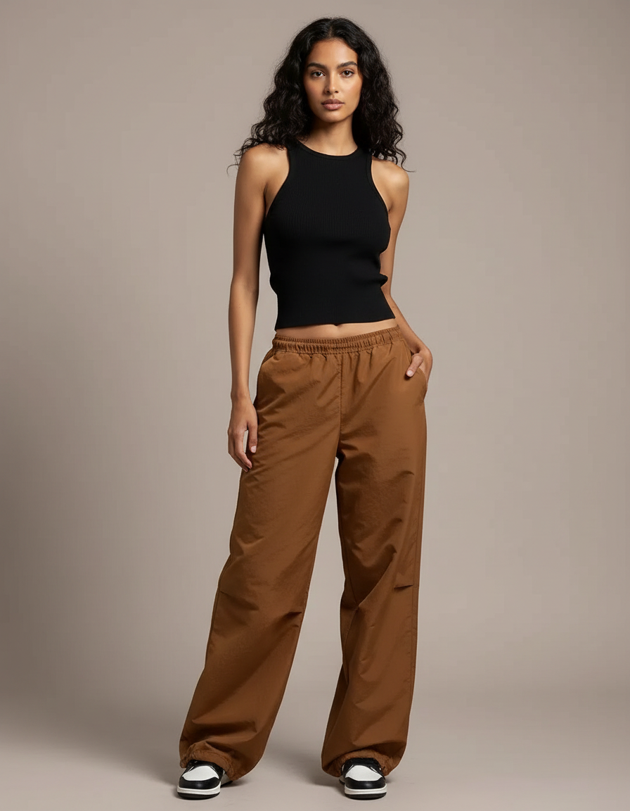 Pantalon Fluide Cargo Marron Ample Taille Basse - Polyester