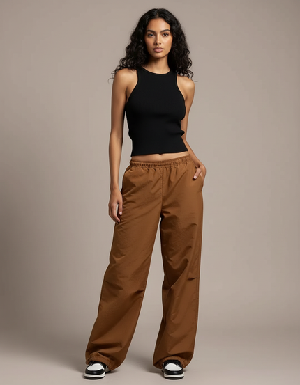 Pantalon Fluide Cargo Marron Ample Taille Basse - Polyester