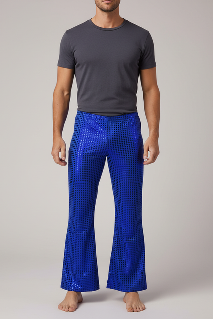Pantalon Fluide Bleu Paillettes Évasé Disco Homme - Polyester