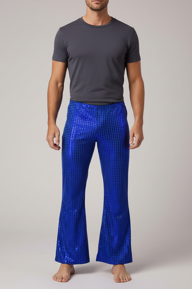 Pantalon Fluide Bleu Paillettes Évasé Disco Homme - Polyester