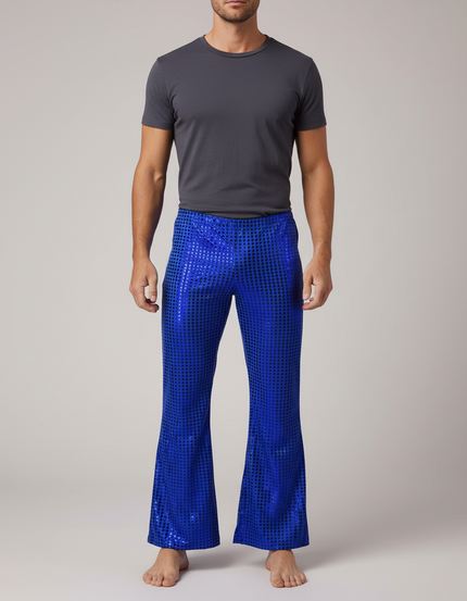 Pantalon Fluide Bleu Paillettes Évasé Disco Homme - Polyester