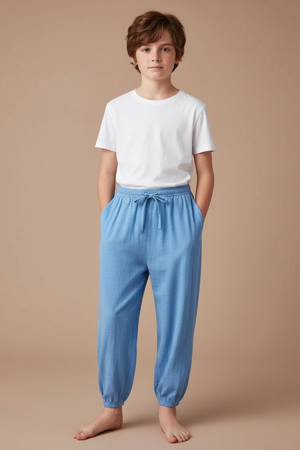 Pantalon Fluide Coton Bleu Clair Respirant Garçon