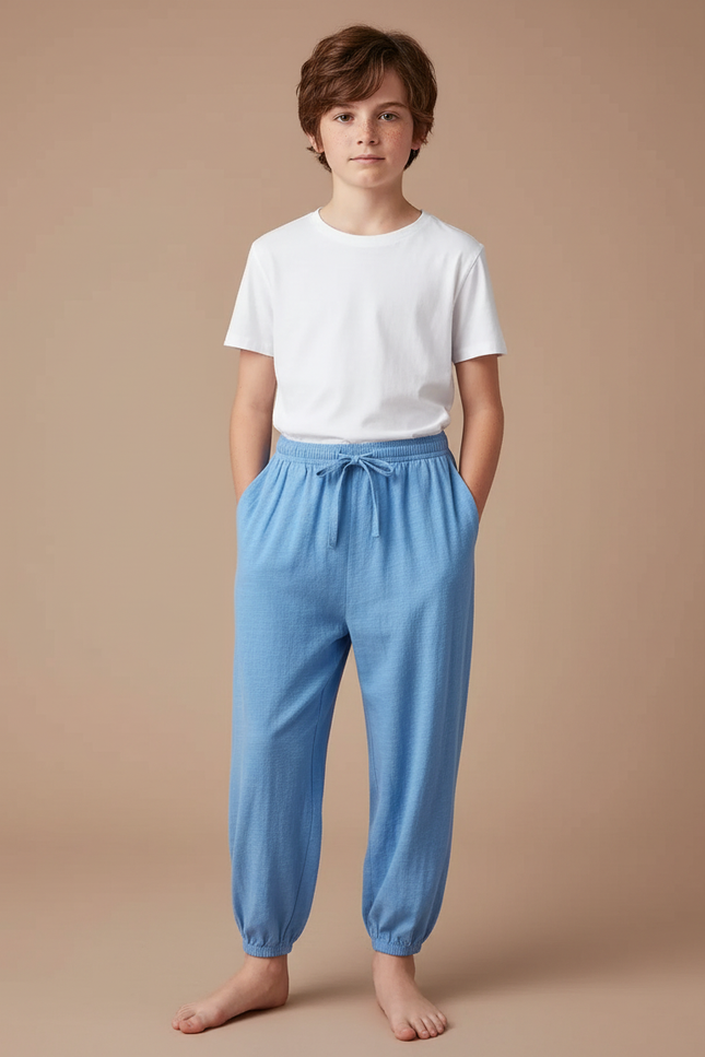 Pantalon Fluide Coton Bleu Clair Respirant Garçon