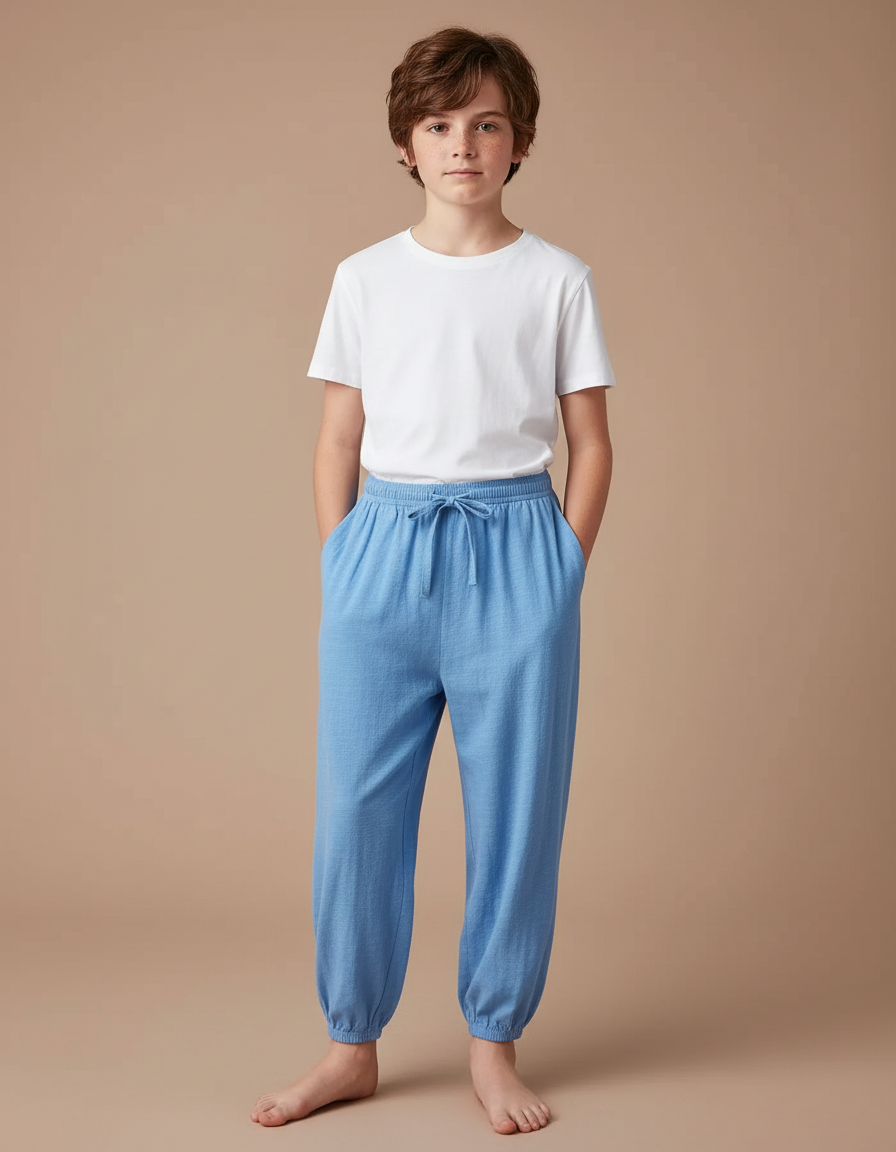 Pantalon Fluide Coton Bleu Clair Respirant Garçon