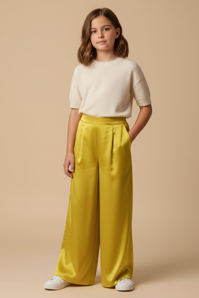 Pantalon Fluide Jaune Satiné Ample Plissé Élégant
