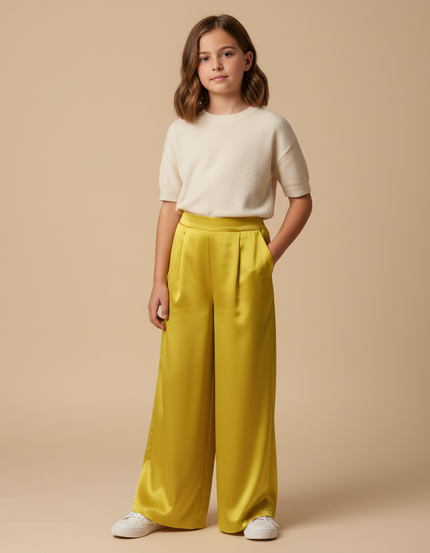 Pantalon Fluide Jaune Satiné Ample Plissé Élégant