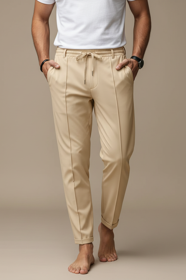 Pantalon Fluide Beige Cordon Décontracté Élégant Homme - Polyester