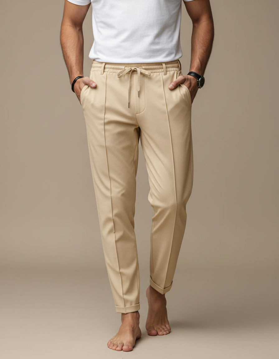 Pantalon Fluide Beige Cordon Décontracté Élégant Homme - Polyester