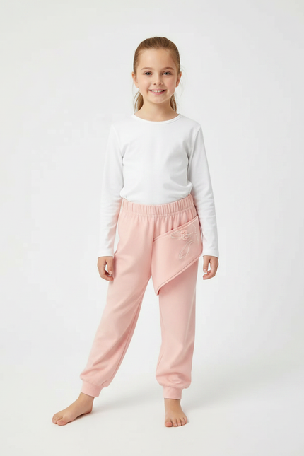 Pantalon Fluide Rose Brodé Coton Confortable Fille - Molleton
