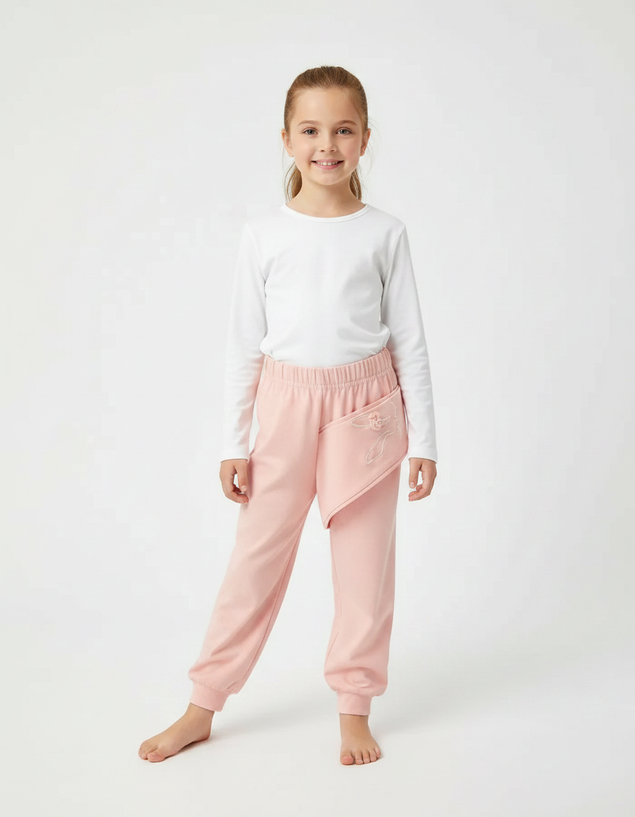 Pantalon Fluide Rose Brodé Coton Confortable Fille - Molleton