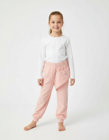 Pantalon Fluide Rose Brodé Coton Confortable Fille - Molleton