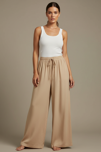 Pantalon Fluide Beige Large Taille Haute Cordon - Viscose