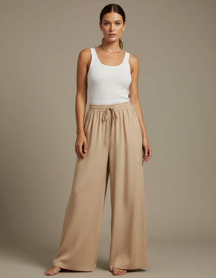 Pantalon Fluide Beige Large Taille Haute Cordon - Viscose