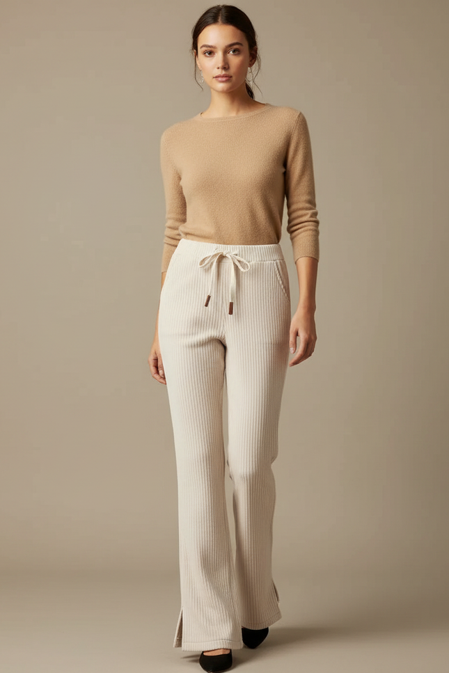 Pantalon Fluide Évasé Côtelé Beige Confortable Femme - Cordé