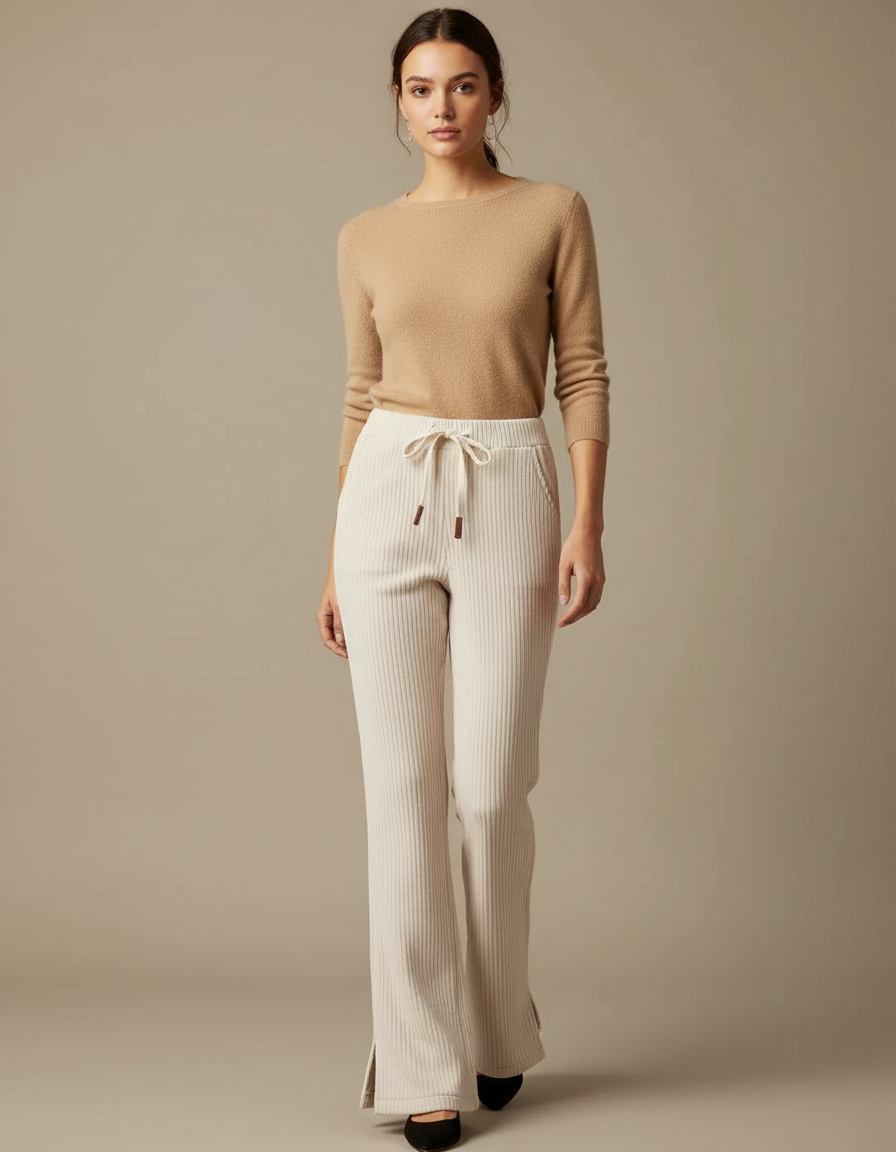 Pantalon Fluide Évasé Côtelé Beige Confortable Femme - Cordé