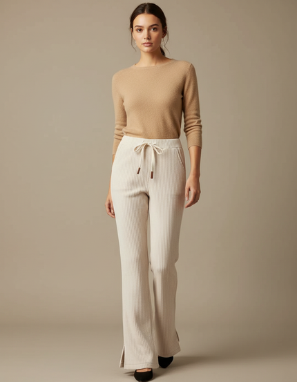 Pantalon Fluide Évasé Côtelé Beige Confortable Femme - Cordé
