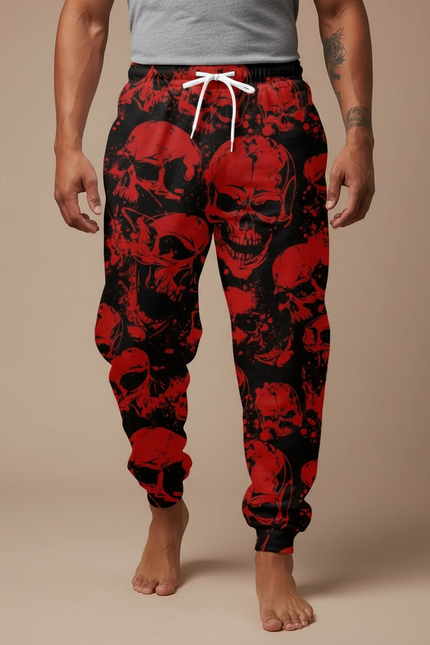 Pantalon Fluide Noir Crânes Rouges Ample Décontracté Homme - Imprimé Molleton