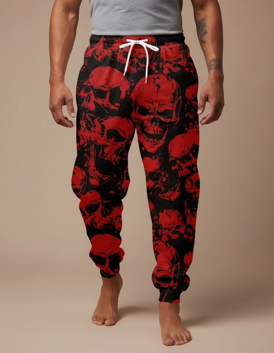 Pantalon Fluide Noir Crânes Rouges Ample Décontracté Homme - Imprimé Molleton