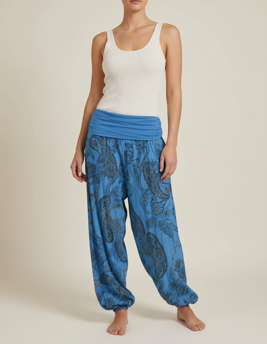 Pantalon Fluide Bleu Paisley Ample Confortable Bohème - Viscose