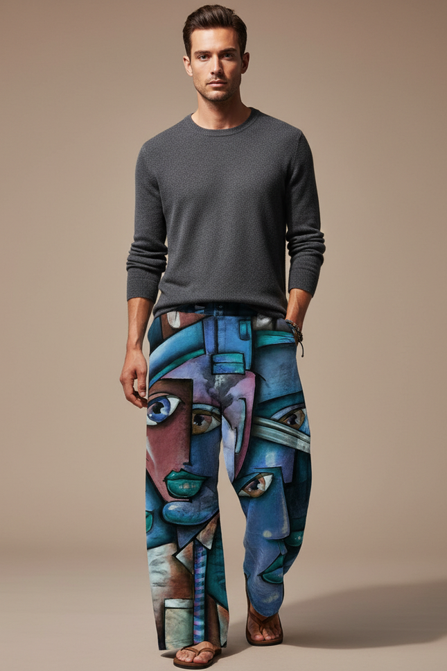Pantalon Fluide Bleu Imprimé Visages Abstraits Décontracté Homme - Viscose