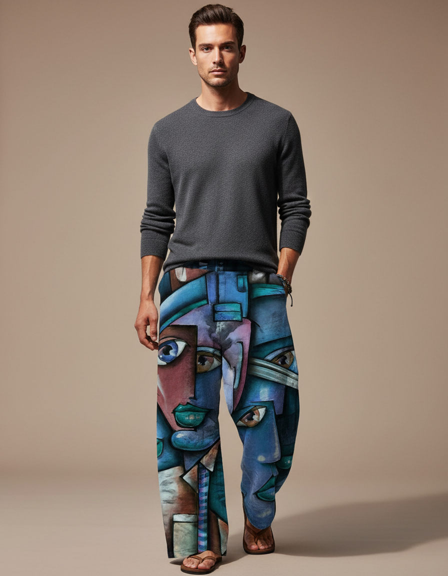 Pantalon Fluide Bleu Imprimé Visages Abstraits Décontracté Homme - Viscose