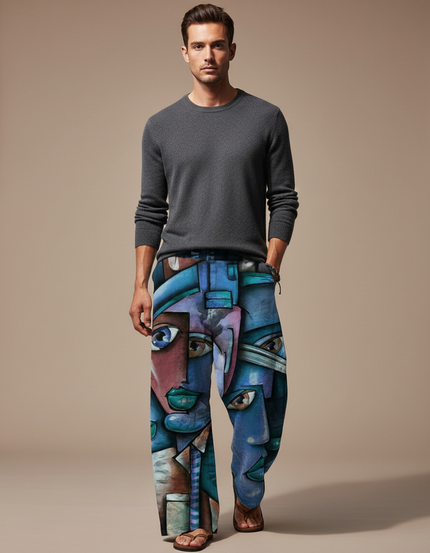 Pantalon Fluide Bleu Imprimé Visages Abstraits Décontracté Homme - Viscose