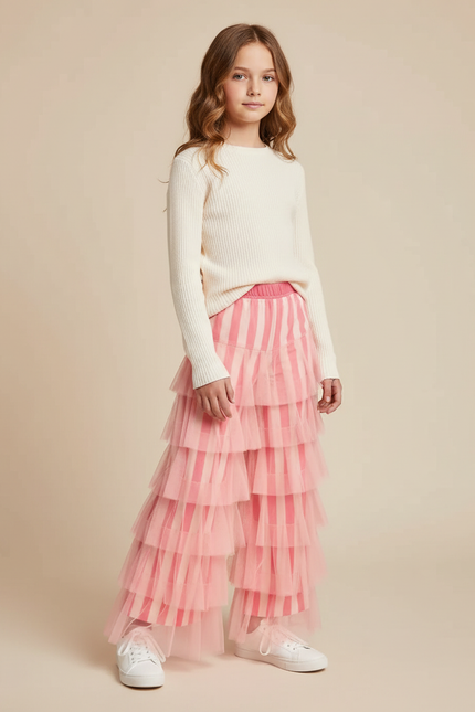 Pantalon Fluide Rose Rayé Volants Tulle Ample - Maille