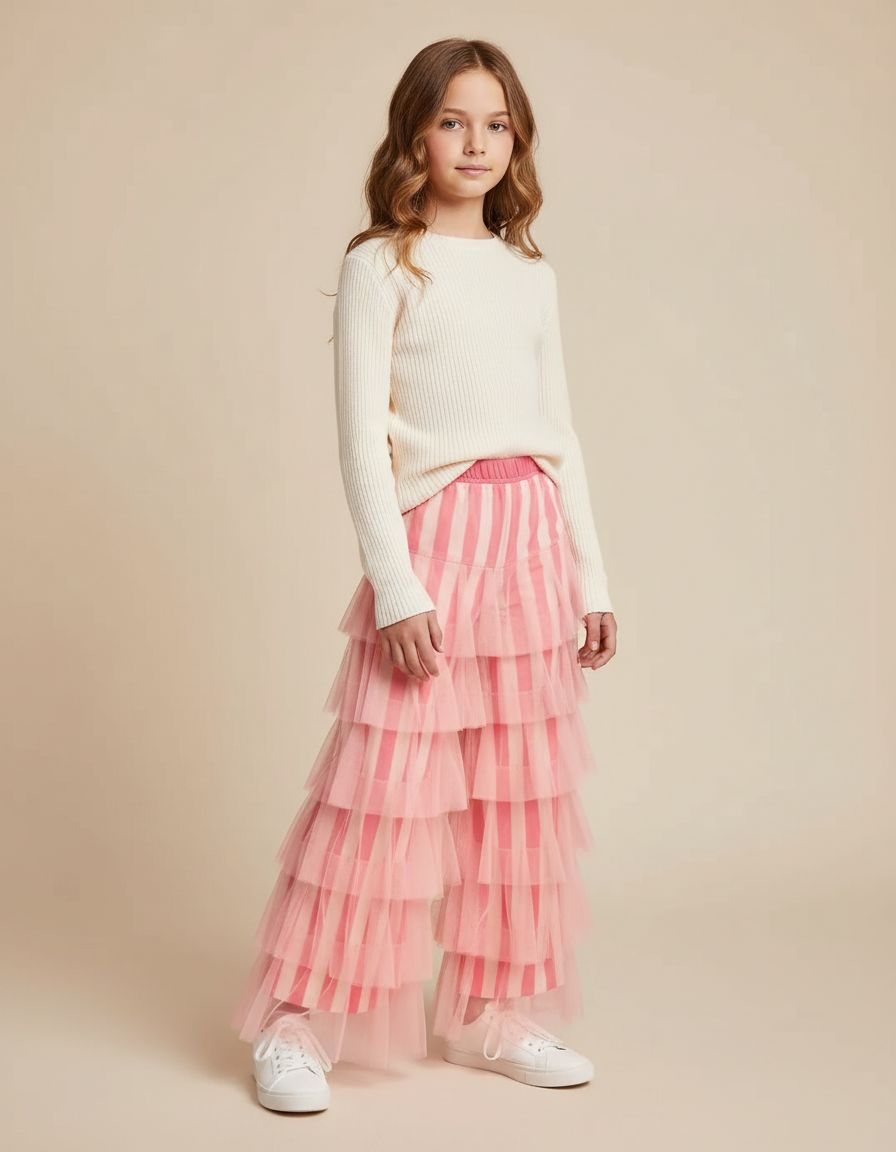 Pantalon Fluide Rose Rayé Volants Tulle Ample - Maille