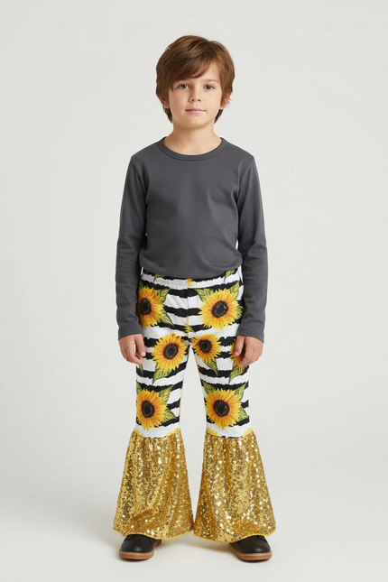 Pantalon Fluide Évasé Rayé Tournesols Paillettes Dorées Enfant - Multicolore Polyester