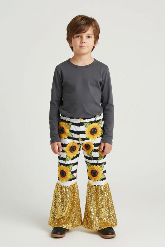 Pantalon Fluide Évasé Rayé Tournesols Paillettes Dorées Enfant - Multicolore Polyester
