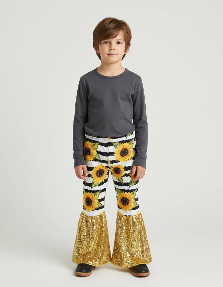 Pantalon Fluide Évasé Rayé Tournesols Paillettes Dorées Enfant - Multicolore Polyester