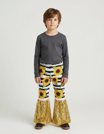 Pantalon Fluide Évasé Rayé Tournesols Paillettes Dorées Enfant - Multicolore Polyester